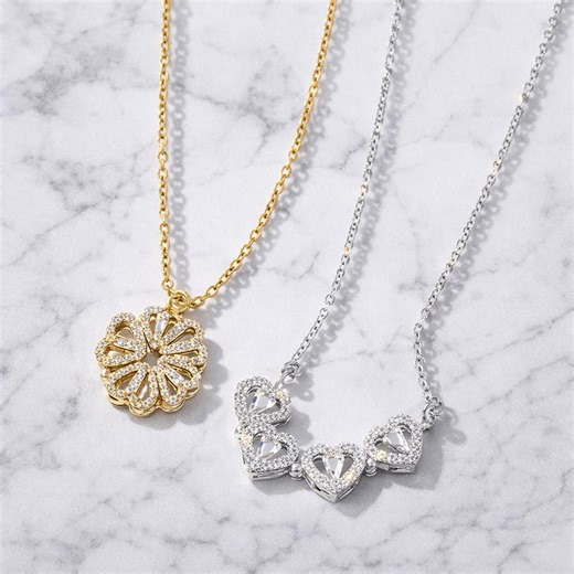 2PCS Magnetic Heart Clover Necklace Set, Gold Silver Transform Pendant, Lucky Charm Jewelry