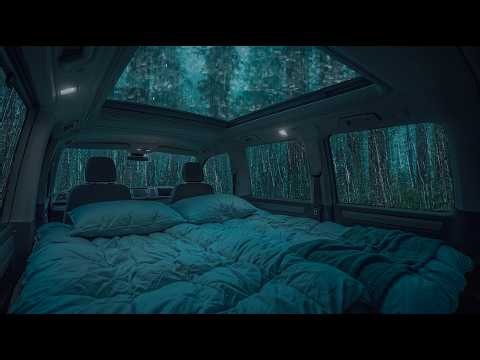 10 Hours⚡️ Gentle Rainfall on Camper Van in Dark Forest at Night