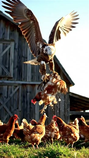Eagle attacks chicken while roosters fight Back!