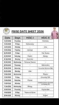 Fbise HSSC date sheet 2026 federal board 11th 12th class date sheet 2026 intermediate date sheet
