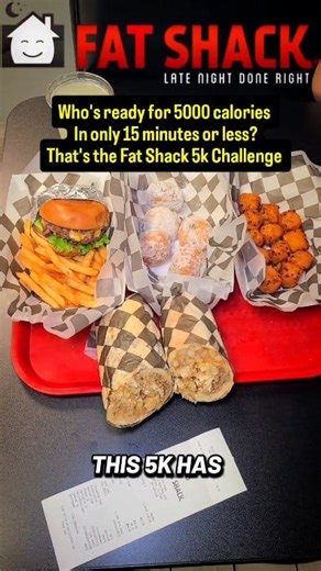 Finally, a 5k for people who don't enjoy running! This is the Fat Shack5k Challenge and it's available at all locations in the month of November. You must eat a double cheeseburger, fries, Oreos, Mac n cheese bites, and a Fat Shack sandwich. Winners score a $50 gift card. The 8 fastest finishers go to the finals in January. Could you do it? #burgers #foodchallenge #houstonfood #foodfinds #sandwich #localeats #mukbang #localfood #weekendplans #5k #eatingchallenge #contest | Freak Eating
