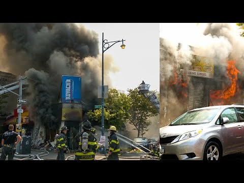 **MAJOR 5-Alarm FIRE in Brooklyn** FDNY Battles MASSIVE Blaze in 9 Stores in a Taxpayer [BK Box 325]
