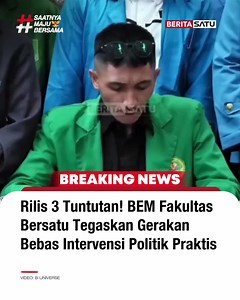Aliansi BEM Fakultas Bersatu secara terbuka melayangkan kritik tajam dengan menuding bahwa sejumlah aksi turun ke jalan belakangan ini telah kehilangan arah akibat ditunggangi oleh kepentingan elite politik praktis dalam perebutan kekuasaan. Dalam jumpa pers di Jakarta pada Selasa (16/6/2026), aliansi ini merilis tiga maklumat utama, yakni mendesak sterilisasi total aktivitas kampus dari pendanaan maupun fasilitas aktor politik, mendukung keberlanjutan program makan bergizi gratis lewat perbaika