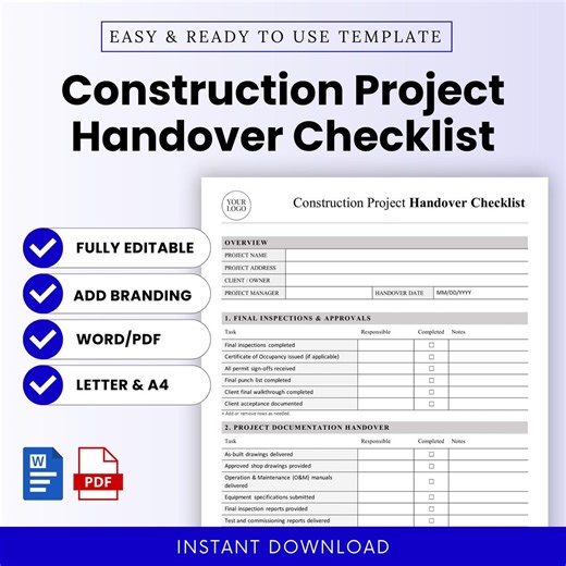 Construction Project Handover Checklist Template – Word & PDF, A4   US Letter - Etsy