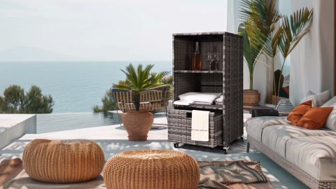 Outdoor Towel Rack for Pool Outdoor Pool Towel Storage Cabinet with Shelf & Drawer Pool Towel Hoder with Rolling Wheels Hot Tub Towel Rack W/Waterproof Cover Poolside Towels Valet Caddy for Spa Grey