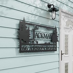 Metal Address Numbers Family Name Sign, Modern House Numbers Sign for Outside, Personalized Address Signs Tree Sence Deer Hunter Handmade Metal Address Signs for Houses Address Plaque Front Door Sign