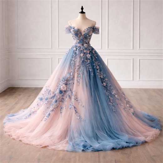 Handmade Cinderella Ball Gown Wedding Dress, Off-shoulder Two-tone Blue Pink Tulle Bridal Gown - Etsy