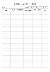 Restaurant Table Wait List Printable, Waiting List Printable, Restaurant Wait List, Waiting Log Book, A4/a5/letter PDF Instant Download - Etsy