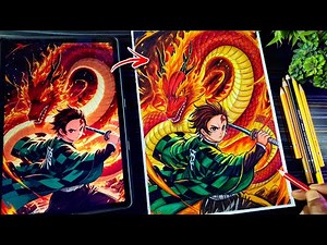 Tanjiro Drawing With Sun Breathing Dragon🔥 | Demon Slayer Drawing Colour Pencil | Anime Drawing
