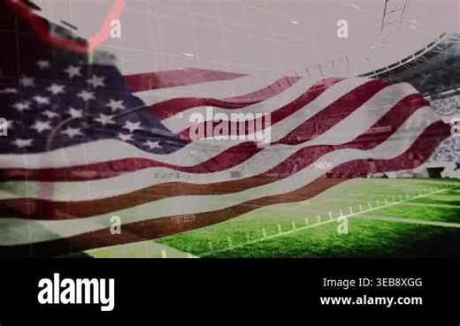 On playback American flag rippling over stadium while red graph rising, visualizing game data. Overlay, translucent, animation, waves, grid, spectators, arena Stock Video Footage - Alamy