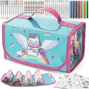 BPLUSTREE Unicorn Coloring Set for Kids 4-8, 55 Pcs Washable Marker Kit with Unicorn Pencil Case, Art Supplies for Kids, Unicorn Birthday Gifts for Girls 4 5 6 7 8 9 10 Years Old (Blue)