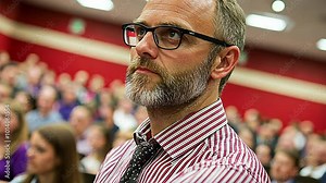 An informative session takes place at the university auditorium, where an instructor passionately discusses innovative teaching methods with an attentive audience.