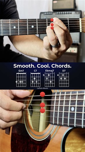 Smooth. Cool. Chords. 🎸 Gm7 → C7 → E♭maj7 → D7 These 3-note “shell voicings” use just the root, 3rd, and 7th of each chord. #GuitarChords #JazzGuitar #GuitarLoop #LaPainMusic | LaPain Music