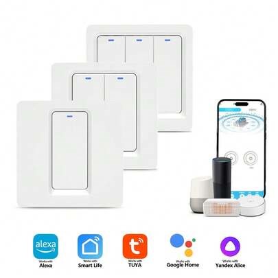 1 PC EU Standard Smart Switch Requires Neutral Wire, DS-102 High Power 600W/Gang WiFi & Bluetooth Wall Switch With Split Quick Mount Design, 1/2/3/4 Gang White PC Panel, Works With Alexa Yandex Alice Tuya Smart Life, APP Remote Voice Control Timer For Home Hotel Lighting | SHEIN