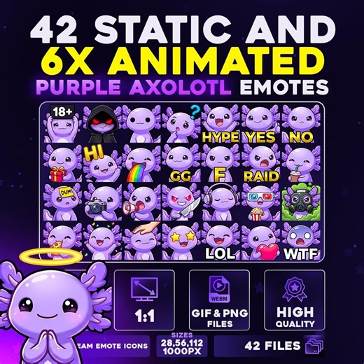 42 + 6 Animated Purple Axolotl Emotes Pack PNG & GIF for Streamers, Twitch, Discord, Kick, | Chibi Ocean Axolotl Mega Emote Pack - Etsy