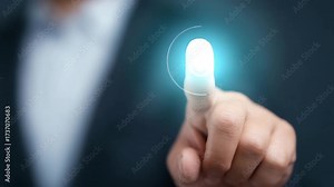 Businessman finger touch glowing virtual button technology interface innovation digital access security authentication, hand touching virtual check mark icon for approval, confirmation, success