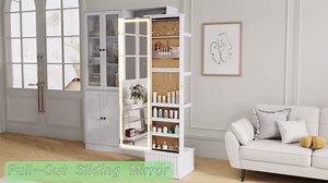 HNEBC LED Jewelry Cabinet Standing, Full Length Mirror with Storage/3 Color Adjustable LIghts, Jewelry Armoire has 3 Photo Frames/4 Shelfs/1 Drawer,Space-Saving Organizer,Christmas Gifts for Women