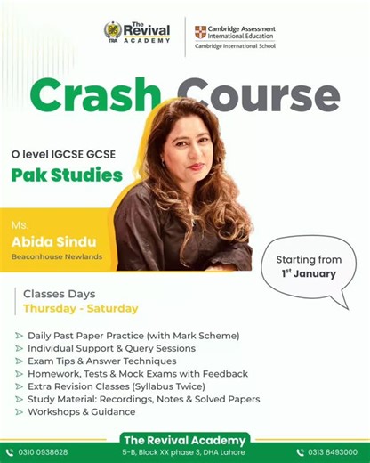 The Revival Academy (TRA) on Instagram: "📚 O Level / IGCSE / GCSE Pakistan Studies Crash Course Get exam-ready with a structured, result-oriented crash course designed to help students master concepts, improve answers, and boost grades. ✨ What you’ll get: ✔ Daily past paper practice (with mark schemes) ✔ Individual support & query sessions ✔ Exam tips & answer-writing techniques ✔ Homework, tests & mock exams with feedback ✔ Extra revision classes (complete syllabus twice) ✔ Study material: not