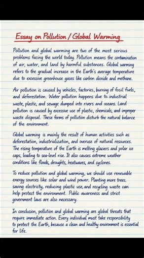 Essay on Pollution & Global Warming | 250 Words | Class 6–8 | Handwritten Notes
