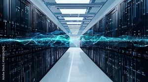 Digital Visualization of a Data Center With Rack Servers in Operation Generative AI