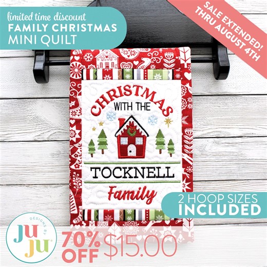 🚨 70% OFF now thru Aug. 4th 🚨 Make this Christmas extra special with a personalized family keepsake! This charming mini quilt features a beautiful appliqued house design with stipple quilting and elegant borders—all created entirely in the hoop. Add your family name with a ½" font for that perfect personal touch. The built-in hanging sleeve makes display effortless, and detailed photo instructions guide you through every step. No additional hand or machine stitching needed! Create a treasured 