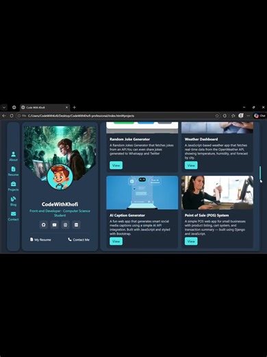 CodeWithKhofi Portfolio | SEO-Friendly Web Design with HTML, CSS & JS 🚀 Check out my beginner-friendly portfolio site in action! From clean design to smooth navigation, see how I structure projects and showcase my skills. 💡 Want the full walkthrough? Watch the 6-minute video here:https://youtu.be/opUar9zDYiU #Portfolio #WebDevelopment #CodeWithKhofi #Frontend #HTML #CSS #JavaScript