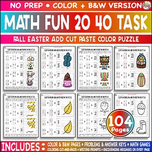 Add 20 40 Fall Easter Math Coloring Game Mystery Picture Cut Paste Fun Worksheet