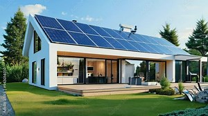 Modern House with Solar Panels and Storage Batteries: Eco-Friendly Home, Renewable Energy, Sustainable Living, Green Technology, Contemporary House Design, Solar Power System