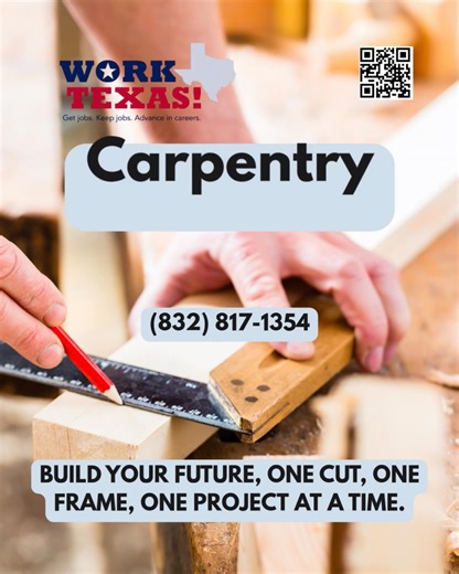 At WorkTexas Trade School, our Carpentry program gives you hands-on training to master one of the most timeless and creative trades. Learn how to measure, cut, and build with precision — and see your work come to life every day. 🛠️ Real skills. Real results. Real careers. Now enrolling for Spring 2026 — classes start February! 👉 Apply at worktexas.org #WorkTexas #Carpentry #TradeSchool #SkilledTrades #BuildYourFuture #handsonlearning To learn more about our training offerings: https://www.tfaf