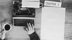 Book Chapter 1, Film script, Creative typewriter shots in many different style, colors, mood, B&W. Beautiful close-ups, beautiful retro style shots