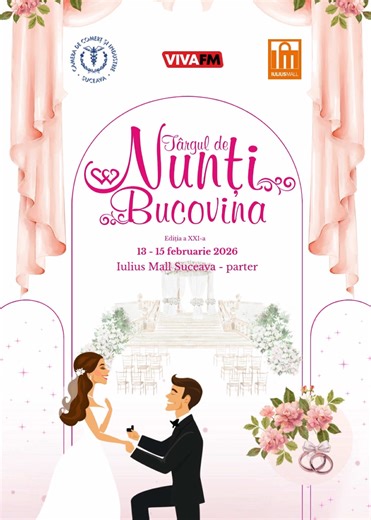 💍 𝐒𝐀𝐕𝐄 𝐓𝐇𝐄 𝐃𝐀𝐓𝐄! Se apropie cea mai nouă ediție a Târgului de Nunți Bucovina! 🥂 Dacă plănuiți nunta de poveste, acesta este locul unde visurile prind contur. Într-un singur loc, găsiți tot ce aveți nevoie pentru ca ziua voastră să fie impecabilă: ✨ Ce vei descoperi la târg? 👰 Rochii de mireasă & Costume elegante 💎 Verighete și bijuterii cu design deosebit 🌸 Aranjamente florale și decorațiuni spectaculoase 💌 Invitații personalizate 📸 Cabine foto mobile și platforme video 360 🍸 