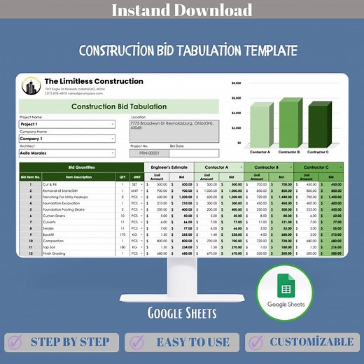 Construction Bid Tabulation Google Sheets Template for Comparing Contractor Bids, Cost Estimation, Proposal Evaluation and Project Selection - Etsy