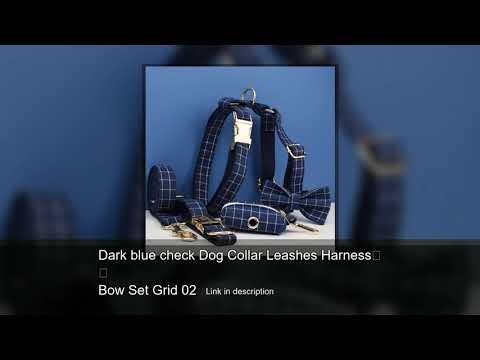 Dark blue check Dog Collar Leashes Harness Bow Set Grid 02 ​