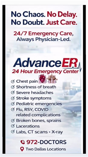 No chaos. No delay. No doubt. Just care. At Advance ER, this isn’t a slogan — it’s how we operate. We deliver 24/7 emergency care that is always physician-led, with experienced emergency doctors on-site at all times. Our focus is simple: provide hospital-level emergency care with clarity, efficiency, and compassion — without unnecessary delays or confusion. From chest pain and breathing concerns to pediatric emergencies, injuries, imaging, and labs, our teams are equipped to handle serious medic
