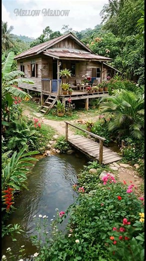 Peaceful Tropical Village Life 🌿 Cozy Wooden House Beside a Gentle Stream