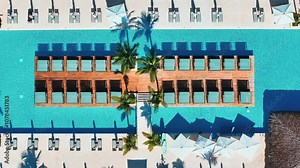 Top view of a modern swimming pool with blue water and a floor around it. A footbridge over the water. Drone image of the pool. Summer vacation for the whole family. Spa resort.