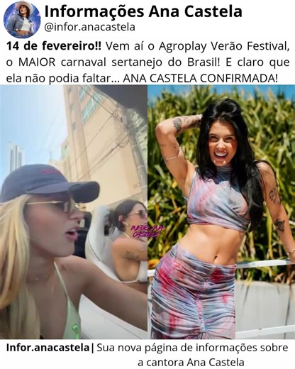 GENTEEE, TÁ CHEGANDOOO! 😍🔥 📅 14 de fevereiro 📍 Balneário Camboriú Vem aí o Agroplay Verão Festival, o MAIOR carnaval sertanejo do Brasil! 🌴🤠 E claro que ela não podia faltar… ANA CASTELA CONFIRMADA! 🐎🔥 Quem já tá contando os dias? 💃🎶 Marca quem vai curtir com você 👇 #AgroplayVerão #AnaCastela #CarnavalSertanejo #BalneárioCamboriú |Siga:@infor.anacastela em todas as redes