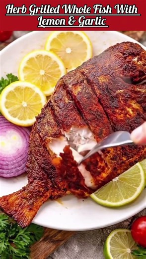 Herb Grilled Whole Fish 🐠🐟 With Lemon And Garlic, RECIPE ⬇️⬇️