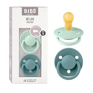 BIBS De Lux Baby Pacifier 2-Pack | Made in Denmark | BPA Free Dummy Soother, Round Nipple. Natural Rubber Latex, Size 1 (0-6 Months), Nordic Mint/Island Sea