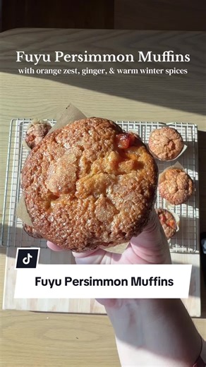 Vegan persimmon muffins, full of warm winter spices and seasonal fruit. These muffins are packed with flavor, moisture, and richness, wonderful for breakfast or a snack with tea. Based off of my previously shared peach crisp muffin recipe @SkyHouseKitchen *Ingredients:* Macerated persimmons: - 2 cups chopped persimmons in 1 tbsp cinnamon-sugar, divided (1 c chopped, 1 c puréed) Plant-based buttermilk: - 1 cup plant milk (I used oat) - 2 tsp apple cider vinegar Remaining Wet ingredients: - 2/3 cu