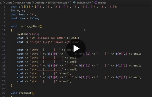 I created a Tic Tac Toe game using C++. It supports two players, displays the game board properly, checks win and draw conditions, and handles user input. This project helped me improve my… | Husnain Raza undefined