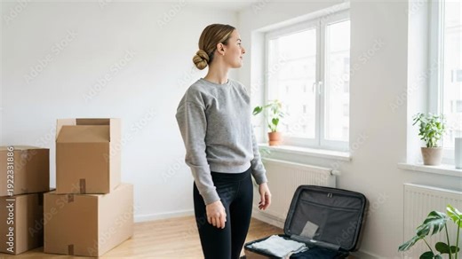 Woman stretching after moving into new home, boxes and open suitcase near window show relocation process.