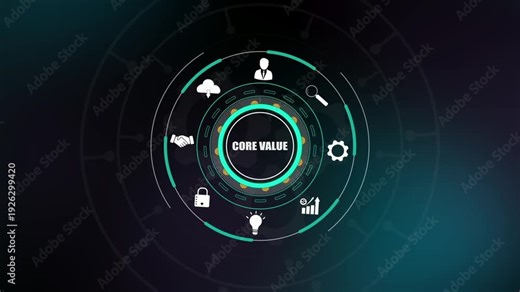 Core value business principles, digital corporate mission icons on HUD interface, innovation strategy, professional ethical development.