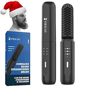 VIKICON Beard Straightener for Men: Cordless Heated Beard Brush for Men, Electric Hot Comb, Anti-Scald Mini Straightening Brush for Beard Grooming, Portable for Travel and Home Use, Gifts for Him Dad