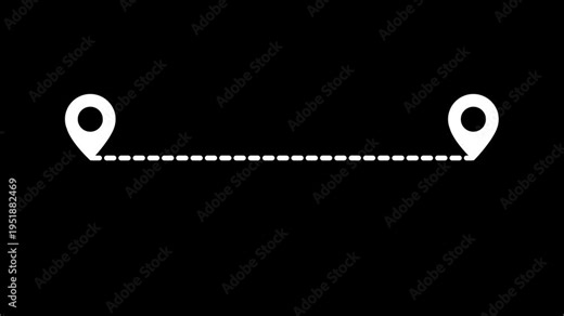Minimalist map route animation in 4k, white dotted line path on black background, seamless loop motion graphics for travel stories, location tracking and destination points for video editing.