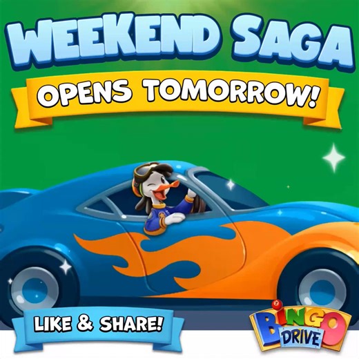 🧡Oil your engines and get your Daubers ready to drive into the WEEKEND!🧡 WEEKEND SAGA Opens tomorrow, and if you complete at least one Episode, you could win 200 BINGO CREDITS!😍🚘 🎁: https://join.bingodrive.com/BXwM/gift?pk=LNa2AqWmKu ✨Like & Share the adventurous BD Fun!✨ | Bingo Drive