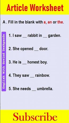 Articles Worksheet | English Worksheet | English Grammar | Quiz Test #viral #shorts