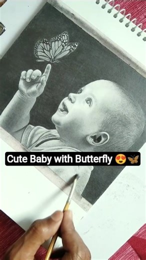 This cute baby who is playing with a beautiful butterfly, pencil drawing, realistic drawing, #fyp