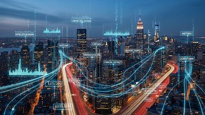 Dynamic Urban Landscape Visualization: A Stunning Overview of City Structures and Traffic Flow with Analytical Data Features Illuminating the Skyline | Premium Stock Video Footage