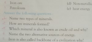 Answer the following questions:Name two types of minerals.Ho... | Filo